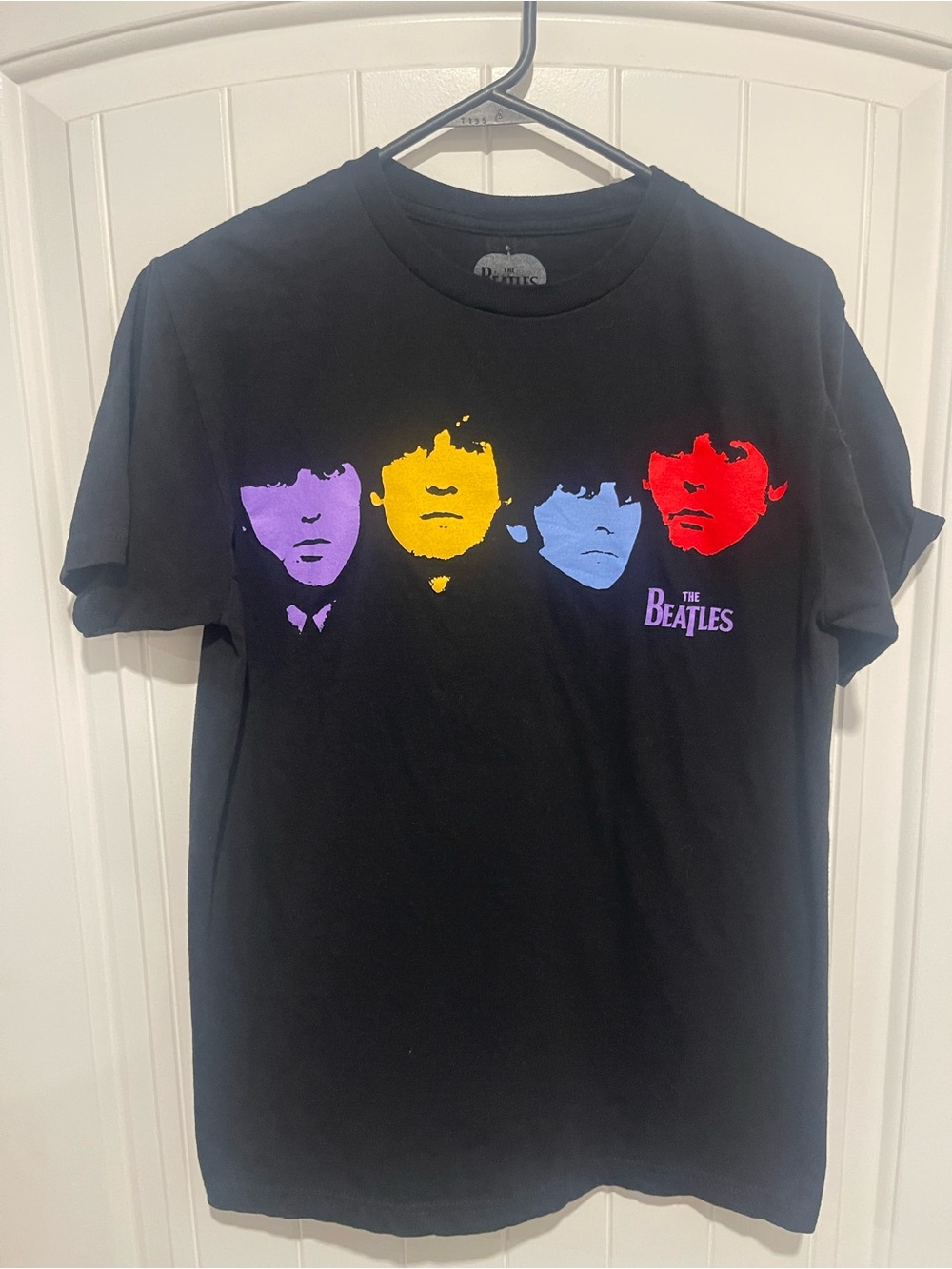 The Beatles Black Tee with Purple, Yellow, Blue & Red Portraits